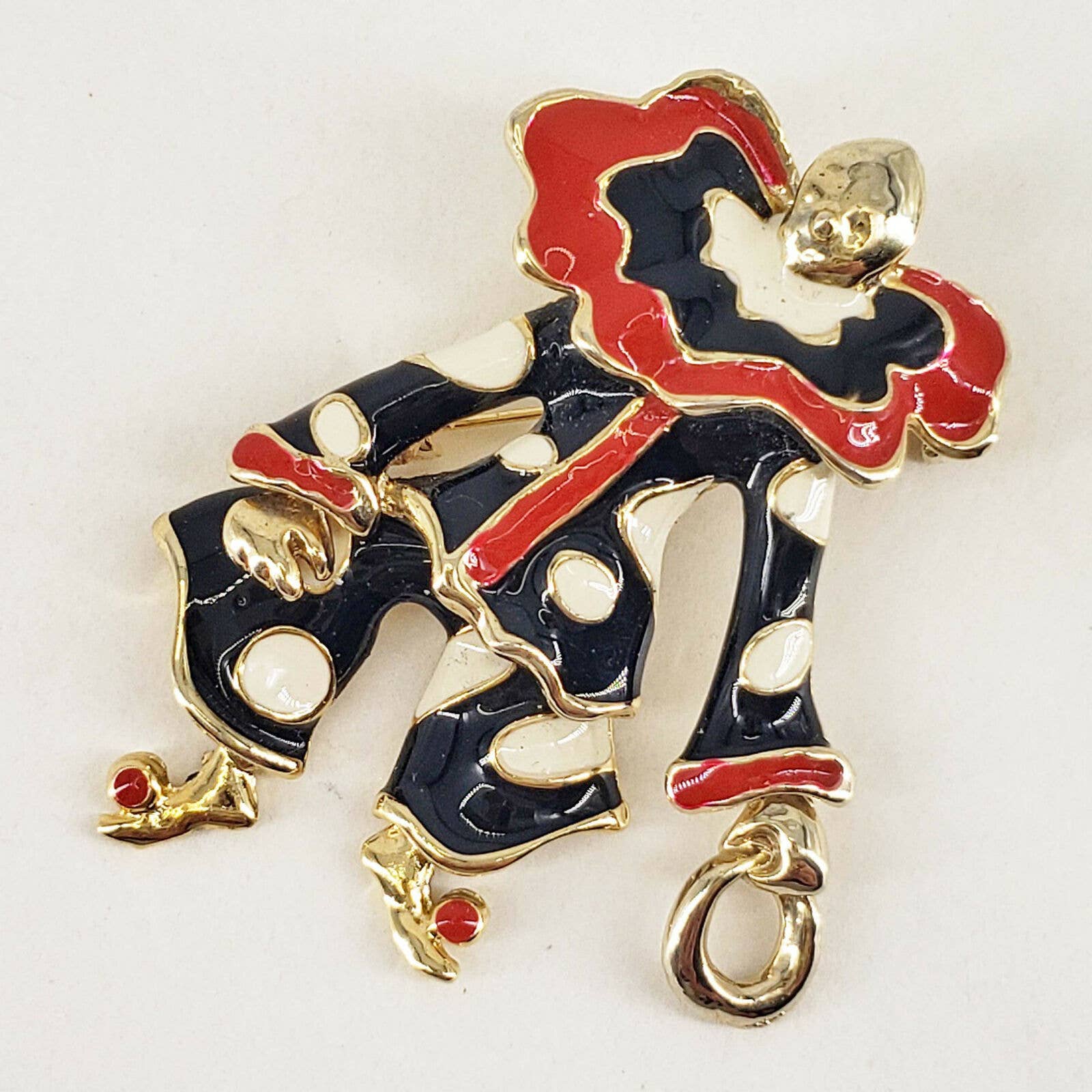 Vintage Articulated Clown Black Red Enamel Gold Tone Moveable Brooch Pin